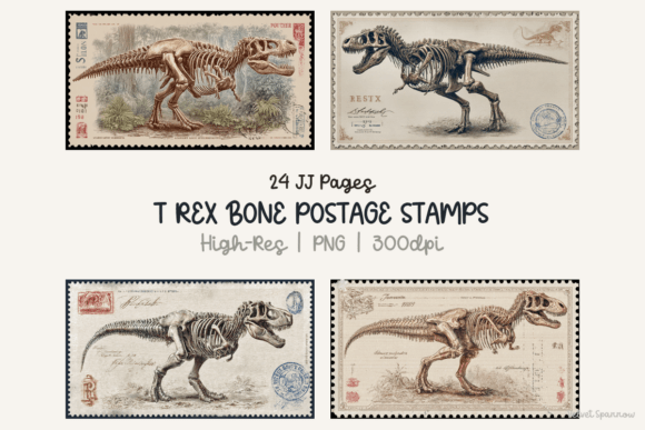 Evaluating T Rex Bone Postage Stamps 24 Png for Digital Crafting