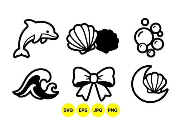 Ocean-Themed Black Line Art for Design