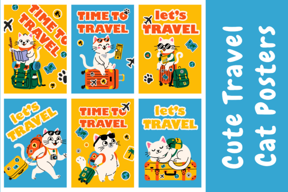 Travel Cat Posters Set: 9 Cute Cards