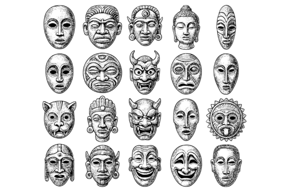 Vintage Tribal Mask Illustration Set: A Timeless Resource for Modern Creators